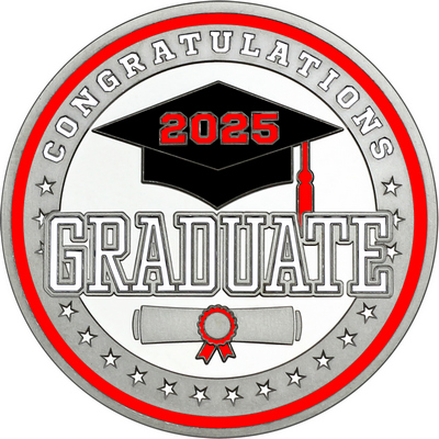 White "Congratulations Graduate" with Red 2025, Rim, Tassel & Ribbon